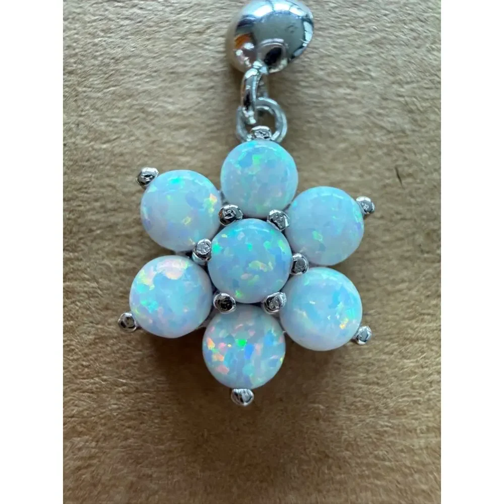 Sterling Silver Lab Opal Cluster Flower Dangle Earrings 925 White Opal Floral